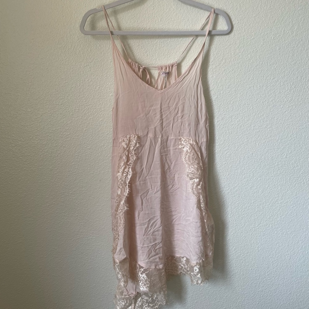 FREE PEOPLE INTIMATES Light Pink Slip Dress w/ Lace Detail and Tie Back